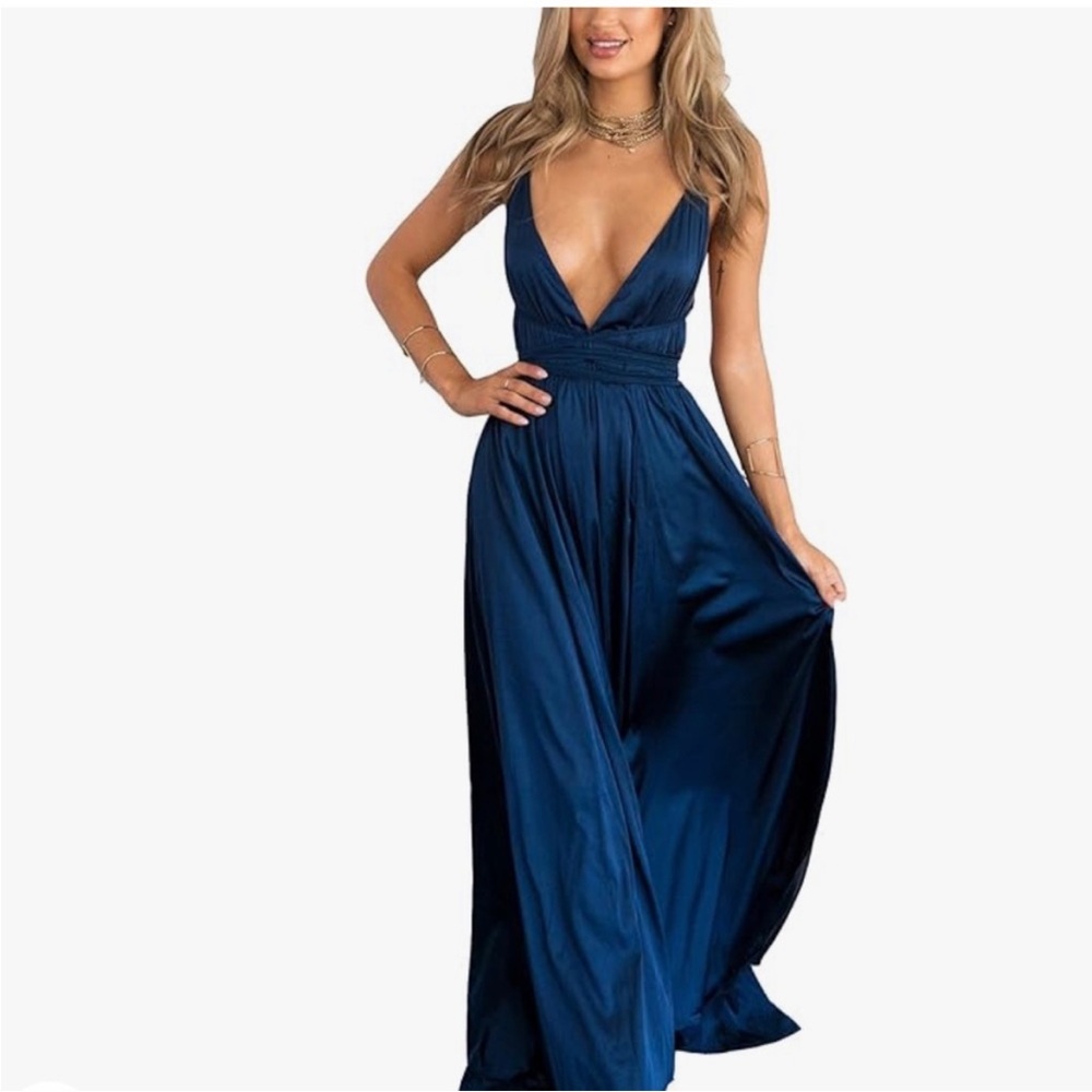 Formal Navy Long Dress with V Neck